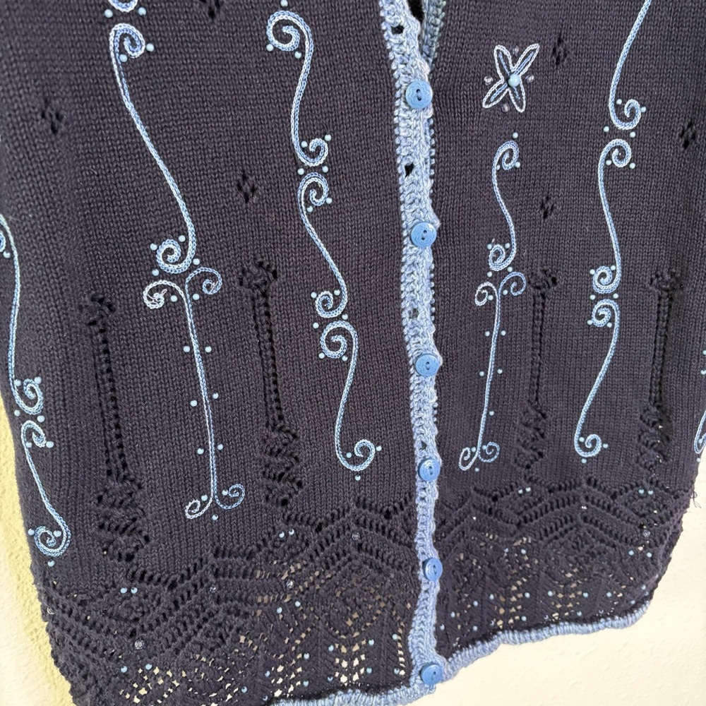 Crochet cottagecore sweater knit top Koret Blue Textured Knit Cardigan cotton S - Picture 4 of 7